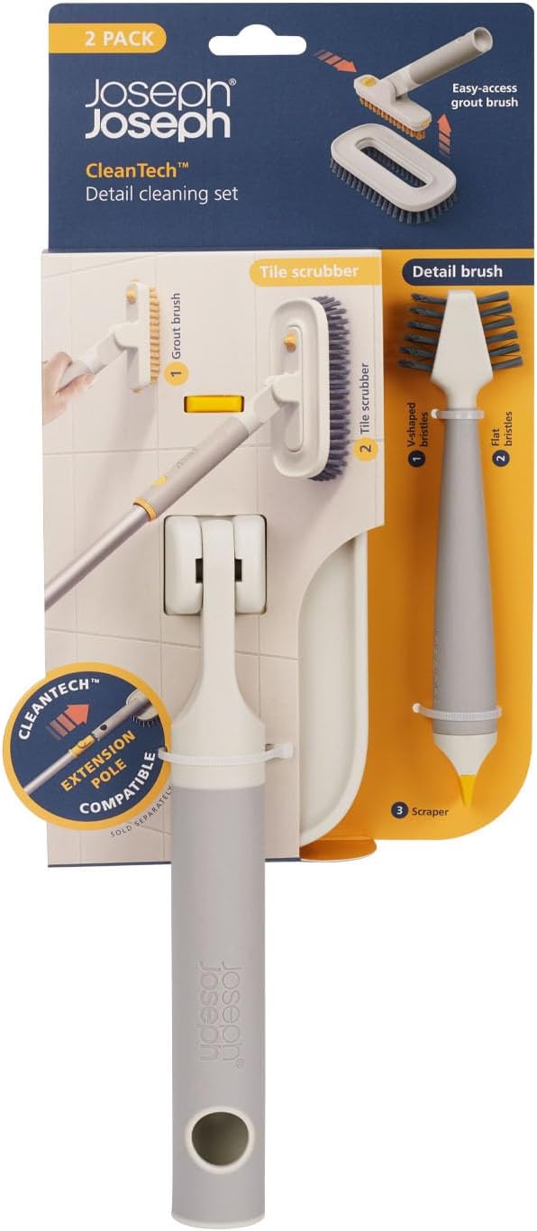 Joseph Joseph CleanTech Household Cleaning 2-Piece Set for Bathroom &amp Kitchen Includes: 2-in-1 Tile Scrubber with Grout Brush and 3-in-1 Detail Brush with Nylon Scraper Tip
