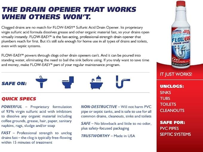 Flow-Easy Professional Drain Opener | Case of 6 (32oz) bottles | Fast-Acting Results