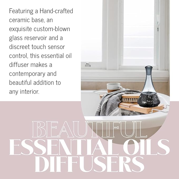 Opulence - Nebulizing Diffuser for Essential Oil/Aromatherapy with Black Marble Ceramic Base and Black Hand-Blown Glass with Touch Sensor Light Switch - No Heat No Water No Plastic Product Name