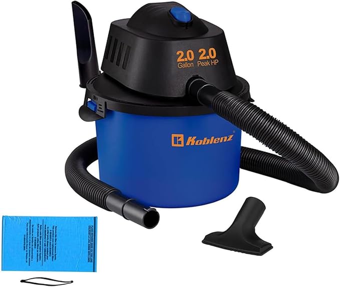 Koblenz WD-2L Portable Wet Dry Vacuum 2-Gallon 2 PHP Suction Plus Blower Vacuum Cleaner for Liquids Dust Pet Hairs 10' Reach Ideal for Home Car Garage Shop Accessories Included Blue/Black