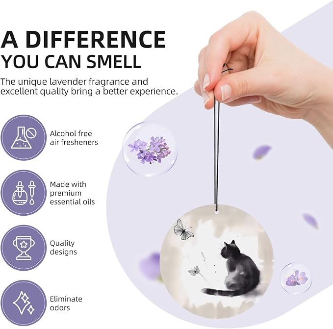 100 PCS Hanging Car Air Freshener Double Sided Funny Black Cat Automotive Interior Decor Kitten Butterflies Car Essentials for Women Men Lavender Scented