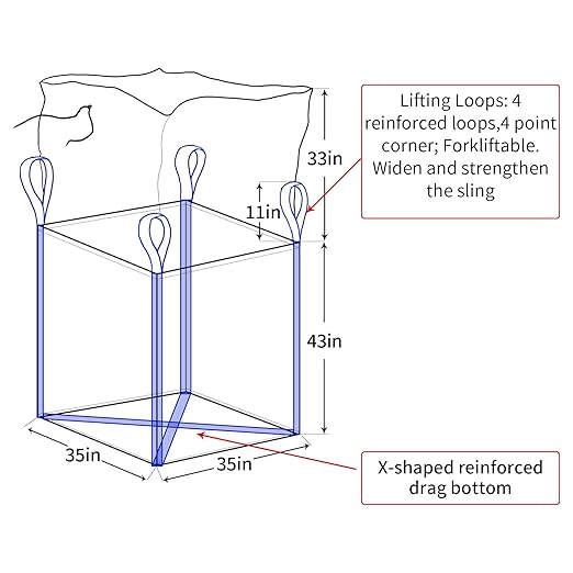 2 Pack FIBC Bulk Bag Flexible Bulk Bags1.5 Ton Bag 35L x 35W x 43H 3300lbs SWL Duffle Top Flat Bottom Heavy Duty Woven Polypropylene Waste Bag