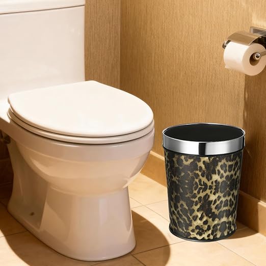 Bathroom Trash Can Recycling Bin Leopard Print Round Waste Basket Office Garbage Can Stainless Steel Trash Container 5L
