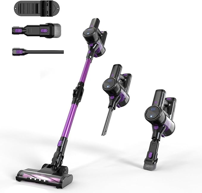 Cordless Vacuum Cleaner 250W/22Kpa Powerful Suction 39 Mins Runtime Anti-Tangle Brush and LED Display Handheld Vacuum for Hard Floors Carpet Pet Hair(Black Purple)