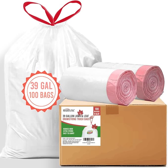 39 Gallon Trash Bags Drawstring 100 Count Bulk White | Unscented | Heavy Duty Multi-purpose Garbage Bags Can Liners for Business Home Kitchen Commercial and Industrial