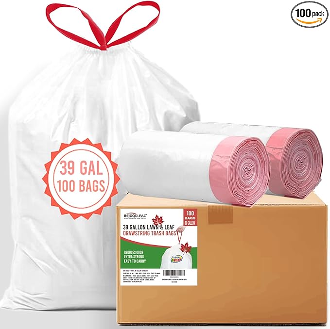 39 Gallon Lawn &amp Leaf Drawstring Trash Bags 100 Count | Heavy Duty | White | Unscented Can Liners