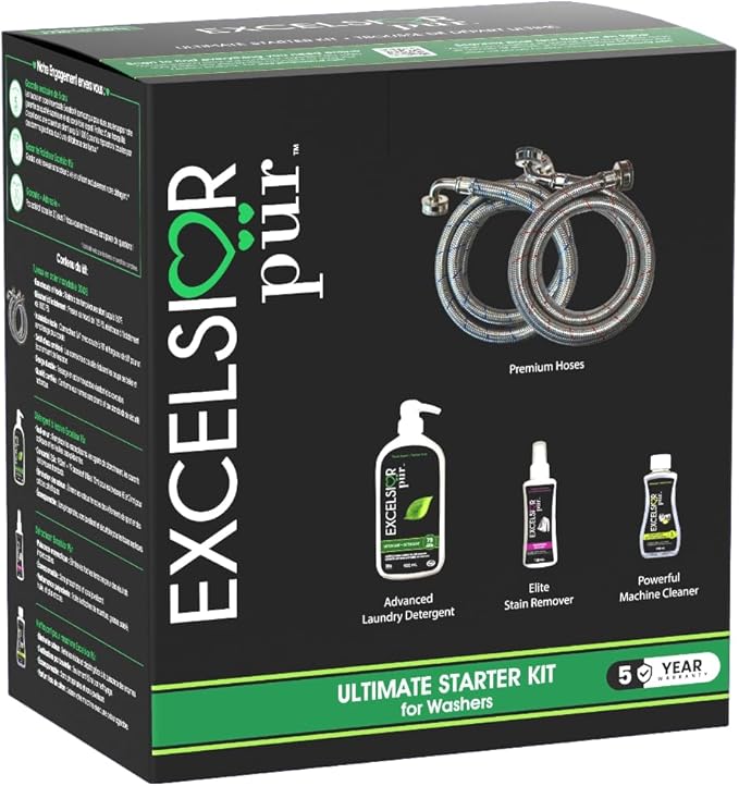 Excelsior Pür Ultimate Starter Kit 7.5X Concentrated Laundry Detergent (79 Loads) Enzyme Stain Remover Washer Cleaner Stainless Steel Washer Hoses Water Leak Detector Fresh Scent