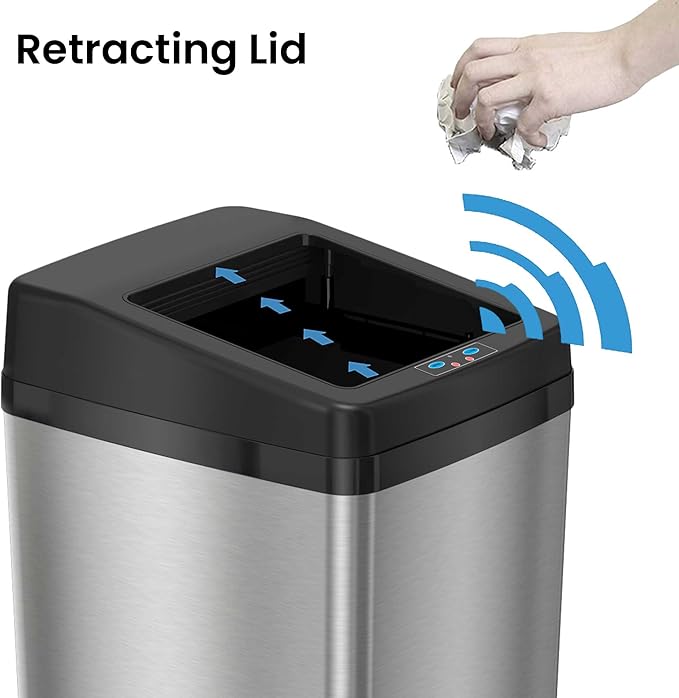 iTouchless 14 Gallon Slide Open Lid Kitchen Trash Can with Motion Sensor Stainless Steel Rectangular Trashcan for Home Office Garage Work Bedroom Living Room Large Capacity Slim Wastebasket Silver