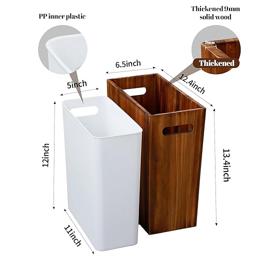 3 Gallon Wooden Trash Can with LinerSmall Solid Wood Bathroom Trash CanNarrow Garbage CanDecorative Waste Basket for BathroomBedroomOffice