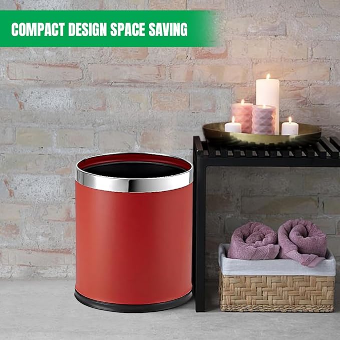 Small Office Trash Can Open Top Small Wastebasket Bin Invisi-Overlap' Metal Garbage Can Waste Basket for Powder Room Vanity Bathroom (Red)