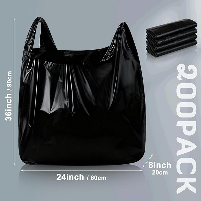 200 Pack 36'' x 24'' x 8'' Extra Large Black Plastic Shopping Bags(0.8 Mil Thick) Reusable Heavy Duty Large T-shirt Grocery Bags Bulk with Handles for Restaurant Retail Business