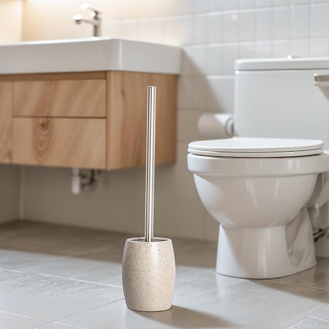 Toilet Bowl Brush and Holder with Stainless Steel Long Handle Toilet Scrubber Brush with Durable Base 360° Deep Cleaning Bristles for Bathroom Compact Set for Small Space (Beige)
