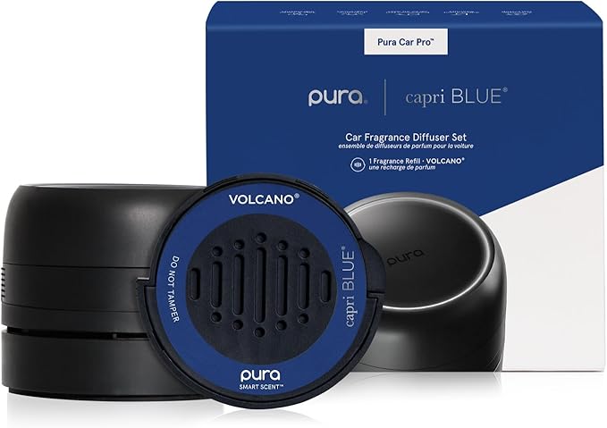 Capri Blue Volcano Pura Car Pro Diffuser Set - Includes Pura Car Pro Diffuser and Capri Blue Volcano Air Freshener Refills - Scented with Notes of Tropical Fruits &amp Sugared Citrus