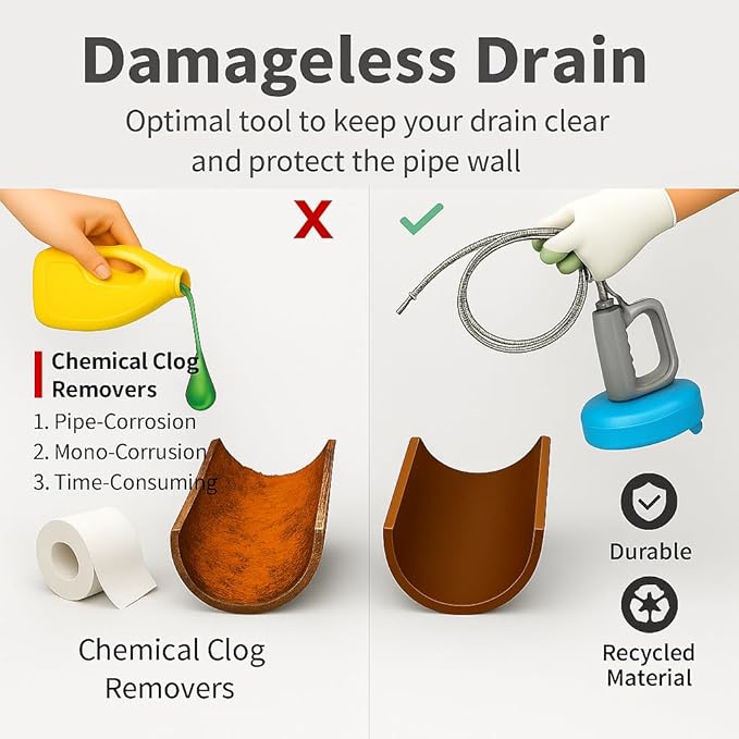 50 FT Drain Snake Hair Drain Clog Remover Manual Or Powered Plumbing Snake With Drill AdapteUnclog Sink Drain Tool Drain Auger for Toilet、Shower、Kitchen、Sink No Auto Retract Or Feed Blue