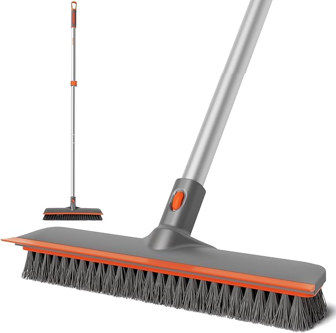 Eazer Floor Scrubber Brush 2-in-1 Deck Scrubber Brush with Long Handle Soft &amp Hard Bristle Brush for Cleaning Concrete Squeegee Broom for FloorBathroom GarageKitchenWallTile and Swimming Po