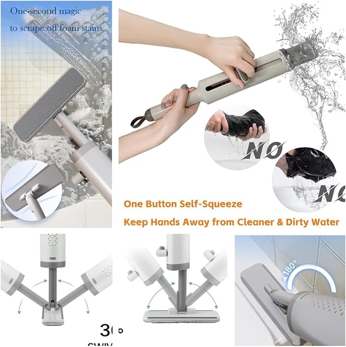 Mini Mop for Small Spaces Portable Self-Squeeze MopSmall Dust Mop Desktop Cleaning Short Handle Mop for RV Bathroom Kitchen with Crevice BrushSilicone Squeegee &amp 2 Reusable Microfiber Pads