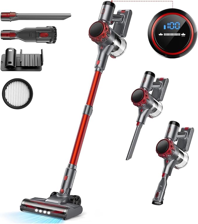 S3P Cordless Vacuum Cleaner 45kPa Powerful Suction Vacuum Cleaners for Home 55-Min Runtime Rechargeable Stick Vacuum Self-Standing for Pet Hair Carpet Hard Floor LED Display