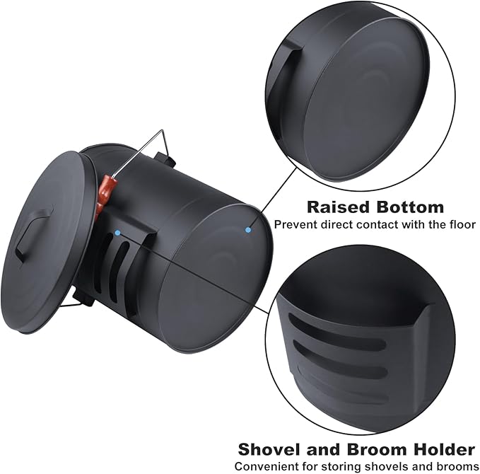 Ash Bucket with Lid and Shovel Hand Broom 5.15 Gallon Large Galvanized Iron Metal Fireplace Tools Ash Pail for Fire Places Fire Pits Wood Burning Stoves Hearth Accessories Indoor Outdoor Black