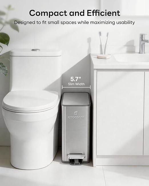 10L/2.6G Slim Bathroom Trash Can Narrow Stainless Steel Soft-Close Step Pedal Bin with Lid Odor Control Carbon Box Removable Inner Bucket Small Waste Bin for Bedroom Office RV (Silver)