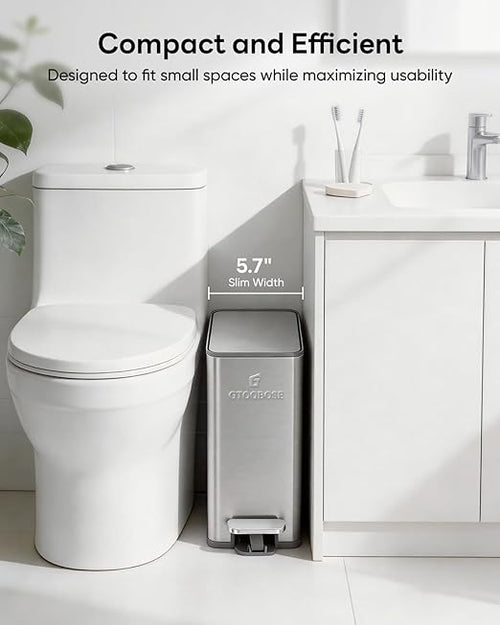 10L/2.6G Slim Bathroom Trash Can Narrow Stainless Steel Soft-Close Step Pedal Bin with Lid Odor Control Carbon Box Removable Inner Bucket Small Waste Bin for Bedroom Office RV (Silver)