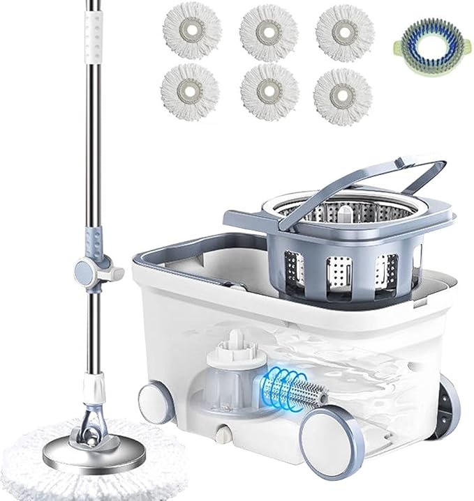 Spin Mop Bucket Deluxe 360 Spinning Floor Cleaning System with 6 Microfiber Replacement Head Refills62 Extended Handle4X Wheel for Home Cleaning