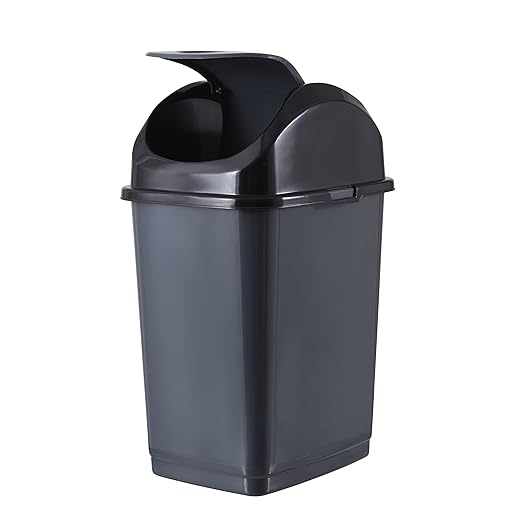 Superio Medium Trash Can with Lid 4.5 Gallon Plastic Swing Top Garbage Can Slim Waste Bin for Under Sink/Cabinet Laundry Room Kitchen Office Bedroom Bathroom College Dorm 18 Qt Grey