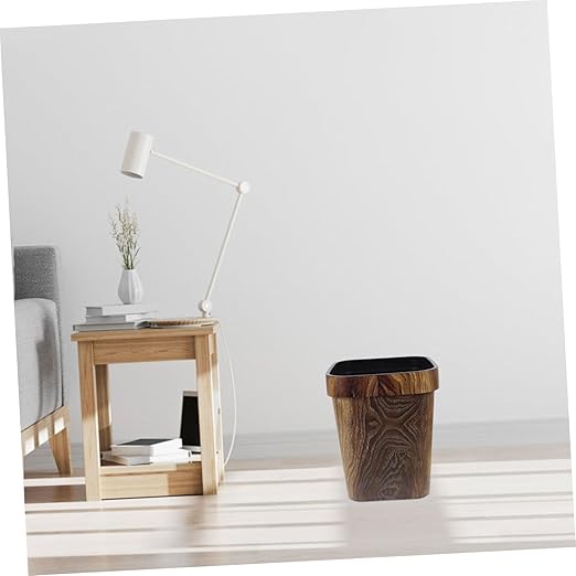 Square Trash Can with Faux Wood Grain Lidless Plastic Wastebasket with Removable Press Ring for Office Bedroom Kitchen Space-Saving Reusable Garbage Bin for Home and Farmhouse