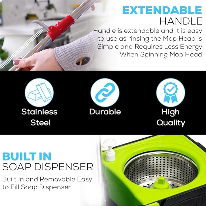 Simpli-Magic 360° Spin Mop and Bucket with Wringer – 3 High-Absorbent Microfiber Washable Heads Soap Dispenser – Spinning Mop and Bucket Set for All Types Floor Cleaning
