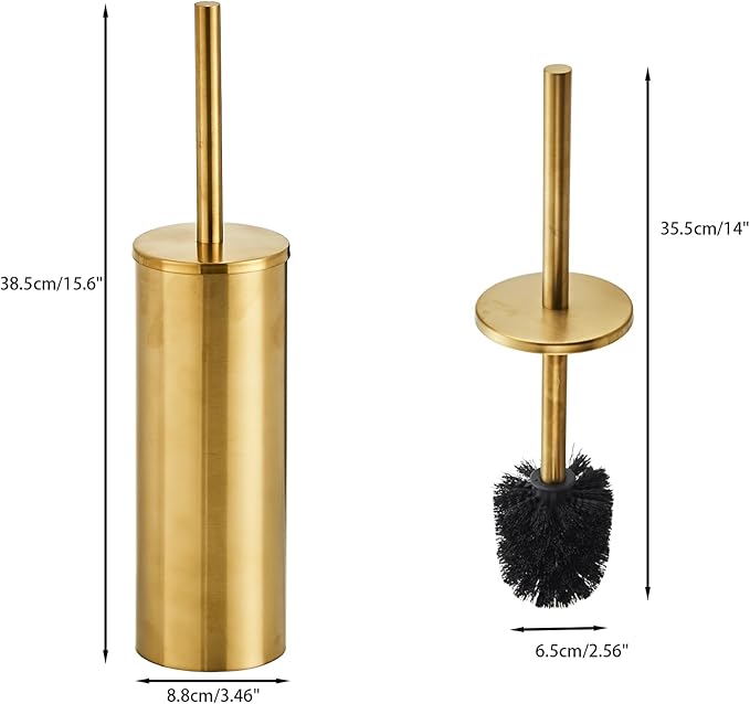 Brushed Gold Toilet Brush and Holder Set - Stainless Steel Toilet Bowl Scrubber with Replaceable Head &amp Splash Guard