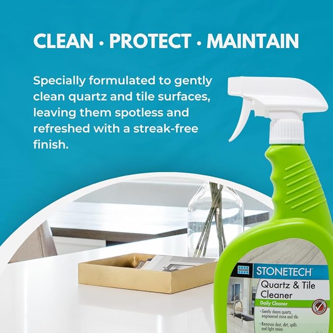 StoneTech Quartz &amp Tile Cleaner Spray – Quartz Countertop Cleaner for Engineered Stone Ceramic &amp Porcelain – Removes Dirt &amp Spills – 2-Pack 24oz Each + 2 Microfiber Cloths Fresh Scent