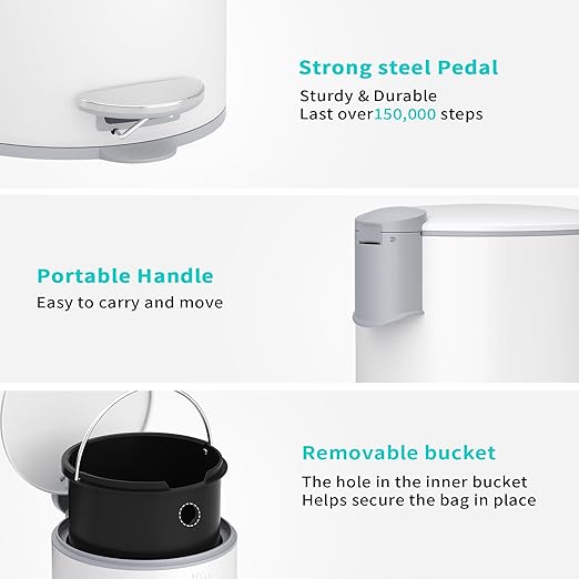 mVm Kitchen Trash Can5.3 Gallon/20 Lliter Step Round Trash Can with Lid and Foot PedalAnti-FingerprintSoft-Close.Stainless Steel Garbage Can for BathroomBedroomOfficeLiving Room (Matte White)