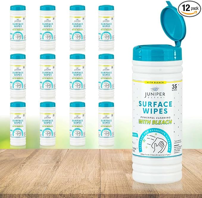 12 Pack Surface Cleaning Wipes with Bleach All-Purpose Cleaner for Bathroom Kitchen Office 420 Count Canister 7.5 x 7 Sheet Fresh Scent Lint Free &amp Durable
