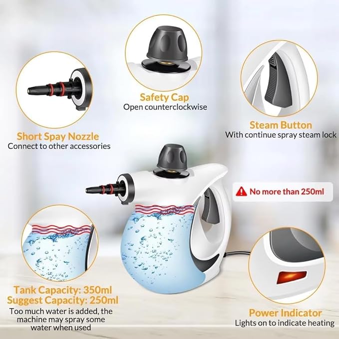Steam CleanerPressurized Handheld with 12 Accessories Deep Cleaning SteamerMulti-Surface Portable Steamer for FloorTileKitchenBathroomUpholstery &amp Car Interior Cleaning