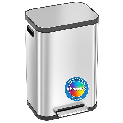 iTouchless SoftStep ProX 50 Liter / 13.2 Gallon Kitchen Step On Trash Can with AbsorbX Odor Filter &amp Removable Inner Bucket Stainless Steel Garbage Bin for Home Office Business Store Garage