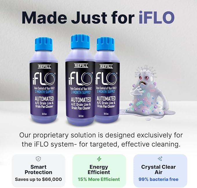 iFLO® Smart A/C Drain Line Cleaner and Drain Pan Cleaner Cartridge Fast-Acting Long-Lasting HVAC System Solution for Tough Clogs &amp Buildup 3-Month Supply per Bottle 3 Pack of 36oz