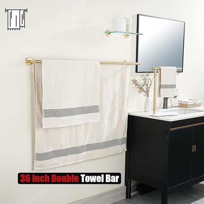JQK Double Bath Towel Bar Brushed Gold 39 Inch 304 Stainless Steel Thicken 0.8mm Towel Rack for Bathroom Towel Holder Wall Mount Useable Length 36 Inch TB100L36-BG