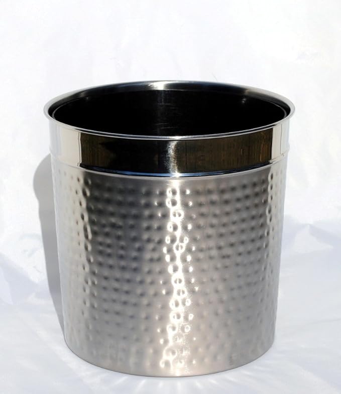 3SCompany Hammered 2 Tone Waste Basket with Liner 5 Quart Stainless Steel Shiny and Satin Hand Hammered