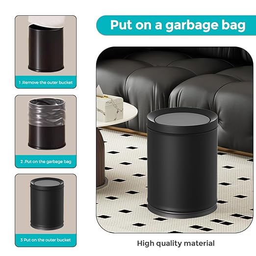 2.6 Gallon/10L Modern Metal Bathroom Trash Can with LidLight LuxuryElegant Waste BasketBlack Garbage Canfor BathroomBedroomLiving Room KitchenOfficeBank (10L-Black)