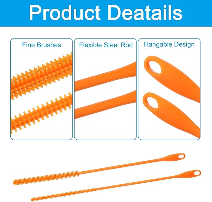 2 Pcs Silicone Straw Brush 9.4 Inch Bottle Straw Brushes Oran (6mm+8mm)