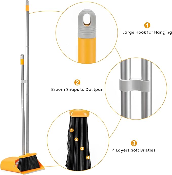TreeLen Broom and Dustpan Set Stand Up Broom and Dustpan for Home Cleaning