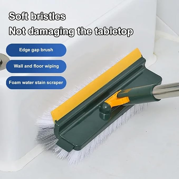 3 in 1 Adjustable Scrub Brush Floor Scrub Brush with Long Handle Floor Scrubber with Squeegee and Tweezer Push Broom with Long HandleHeavy-Duty Stiff 90° Bristle Broom (Blue)