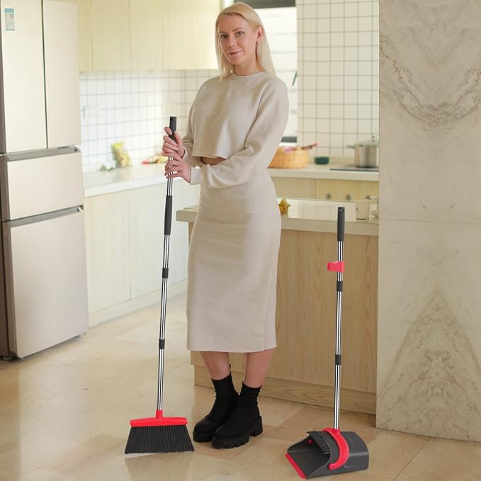 Broom and Dustpan SetBroom with Dustpan Combo Set Dust pan with Long Handle for Home Kitchen Room Office Lobby Floor Use Upright Stand Up(Gray&ampRed)