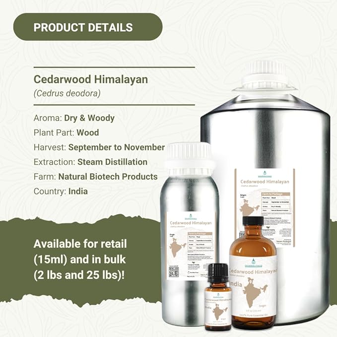Cedarwood Himalayan Essential Oil - 100% Pure Steam Distilled Natural Cedarwood Himalayan Oil (Aceite de Cedro) from Natural Biotech NBT India for Aromatherapy &amp DIY Projects - 8oz
