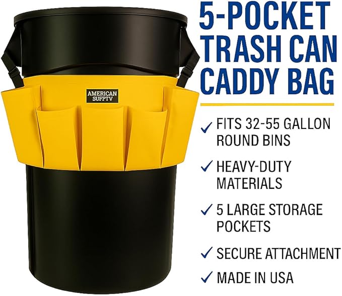 American Supply 5-Pocket Trash Can Caddy Bag – Heavy-Duty Organizer for 32-55 Gallon Round Trash Bins | Janitorial Cleaning Tool Pouch (Yellow)