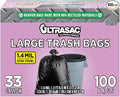 Ultrasac 33 Gallon Trash Bags - (Huge 100 Pack/w Ties) - 39 x 33 Heavy Duty Large Professional Quality Black Garbage Bags - Extra Strong Plastic Trashbags for Home Kitchen Lawn and Other
