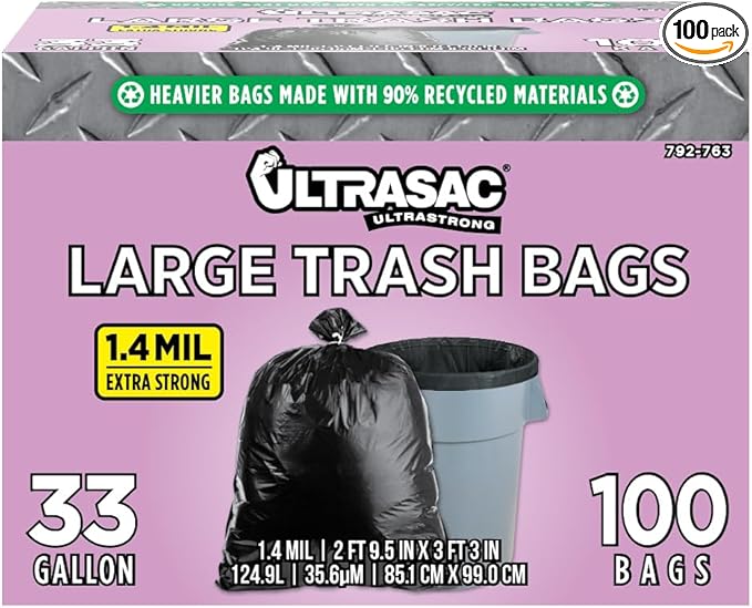 Ultrasac 33 Gallon Trash Bags - (Huge 100 Pack/w Ties) - 39 x 33 Heavy Duty Large Professional Quality Black Garbage Bags - Extra Strong Plastic Trashbags for Home Kitchen Lawn and Other