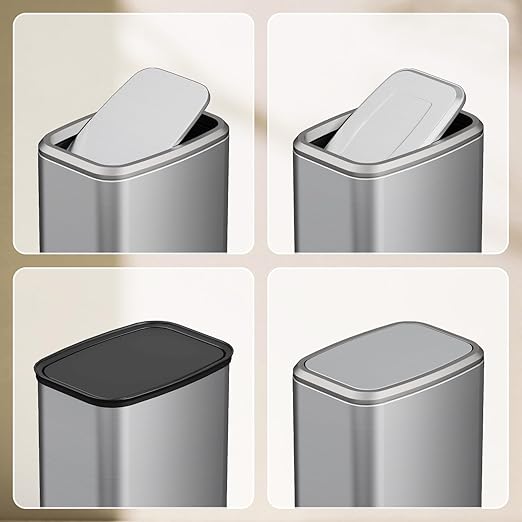 8L/2.1 Gal Small Bathroom Trash Can with Lid Swing-Top Rectangular Waste Bin Stainless Steel Garbage Can for Home Office Toilet Bedroom Living Room (Silver)