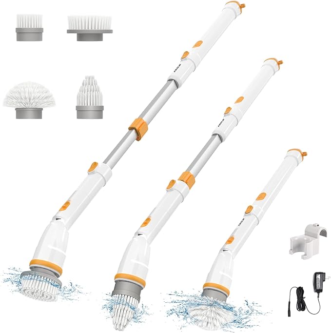 Electric Spin Scrubber KIKOLIN 380RPM High Speed Power Scrubber Cordless Cleaning Brush 2 Speeds for Bathroom Tub Shower Floor with 4 Replaceable Brush Heads and Adjustable Extension Long Handle