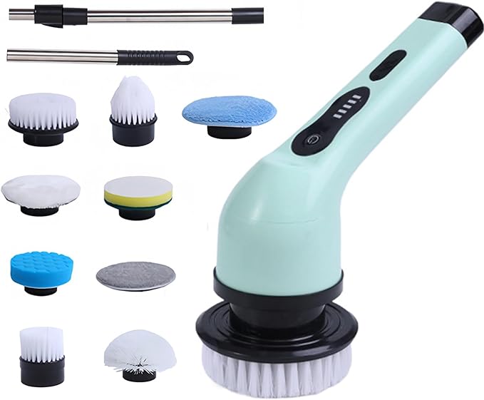 Cordless Electric Spin Scrubber with 9 Replacement Cleaning Heads IPX6 Dual Speed Adjustable Shower Cleaning Brush with Extension Arm for Bathroom (9 Replaceable