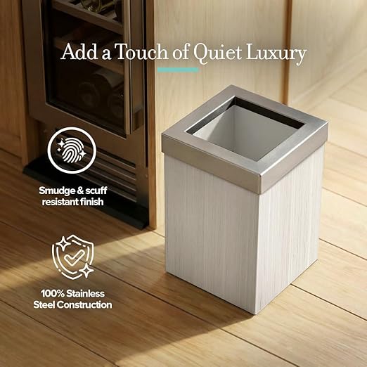 Gatco Small Bathroom Trash Can with Lid Square 3 Gallon Wastebasket Under Sink White Oak with Satin Nickel for Bathroom Bedroom Office (1936SN)